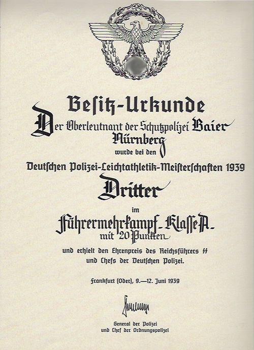 Polizei Leichtathletik Meisterschaften 1939 Urkunde